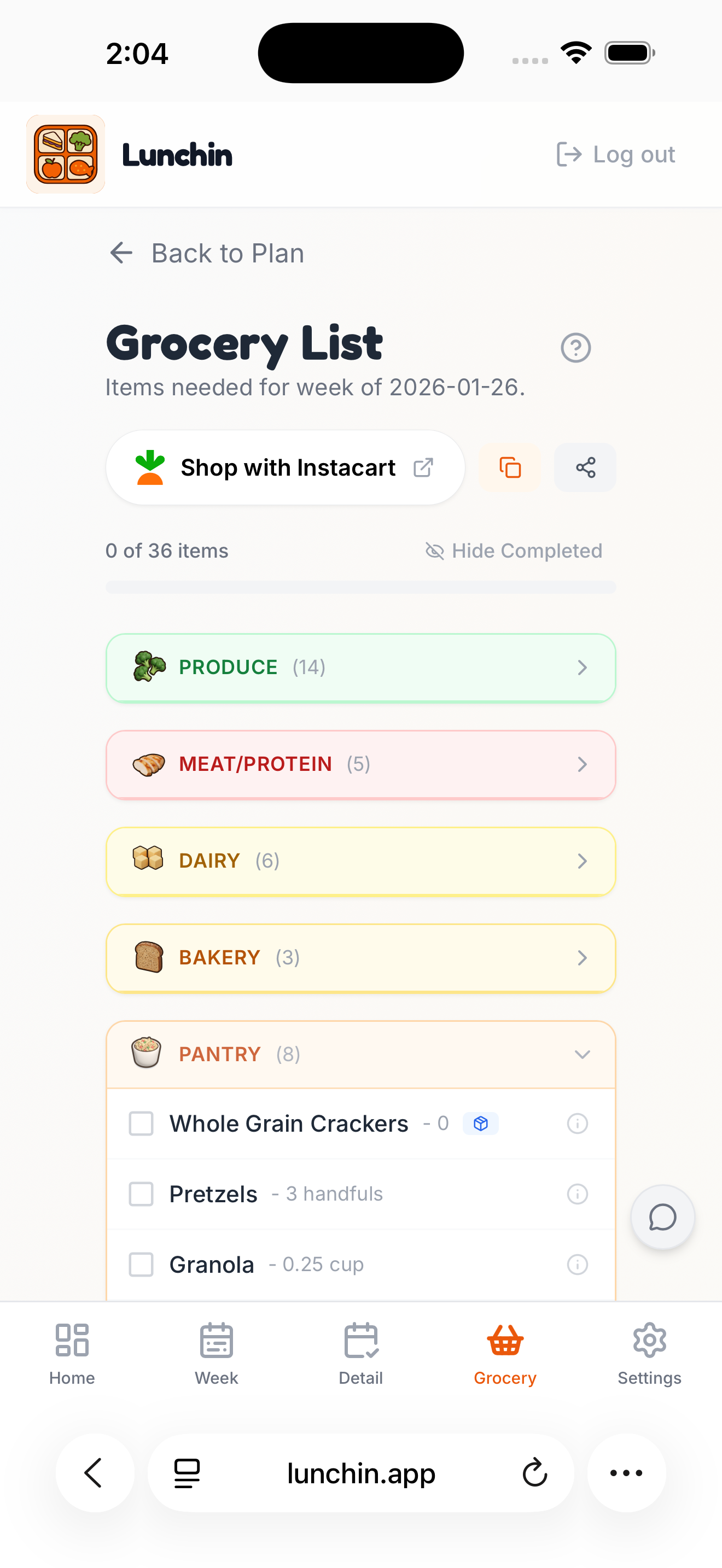 Color-coded grocery list organized by category with Instacart integration